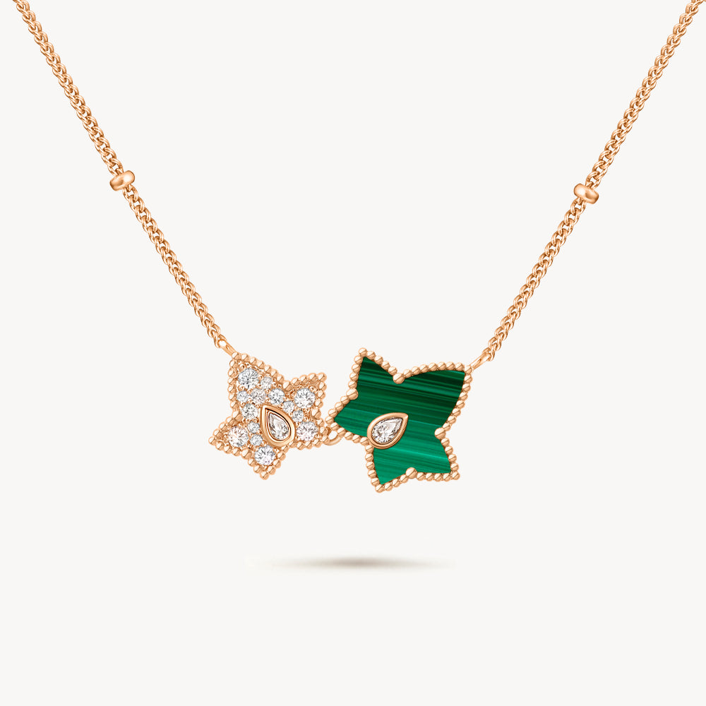 New Ivy Malachite Bead Necklace, 2-leaf motif