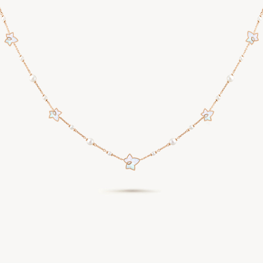 New Ivy Mother-of-Pearl Freshwater Pearl Bead Necklace, 5-leaf motif