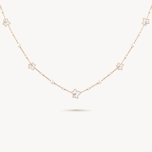 New Ivy Mother-of-Pearl Freshwater Pearl Bead Necklace, 5-leaf motif