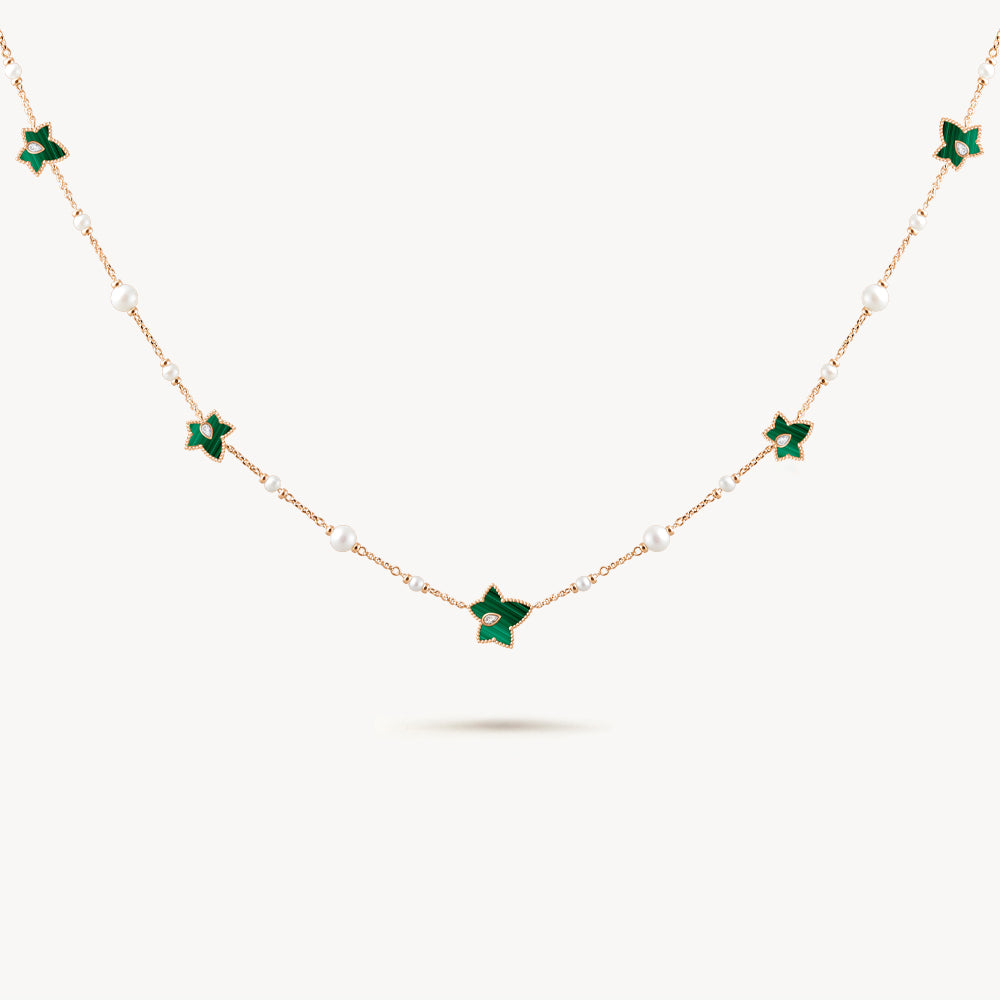 New Ivy Malachite-Freshwater Pearl Bead Necklace, 5-leaf motif