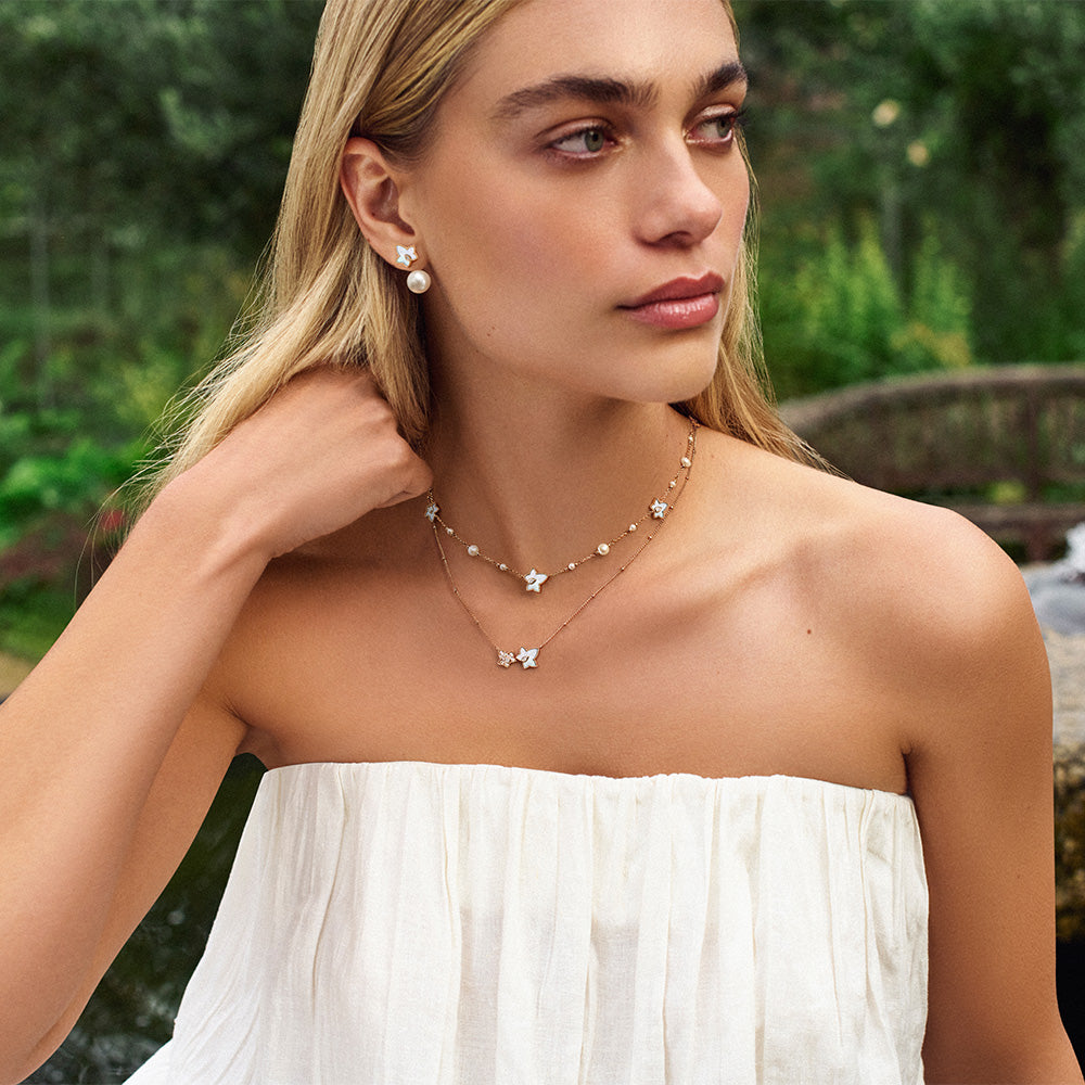 New Ivy Mother-of-Pearl Freshwater Pearl Bead Necklace, 5-leaf motif