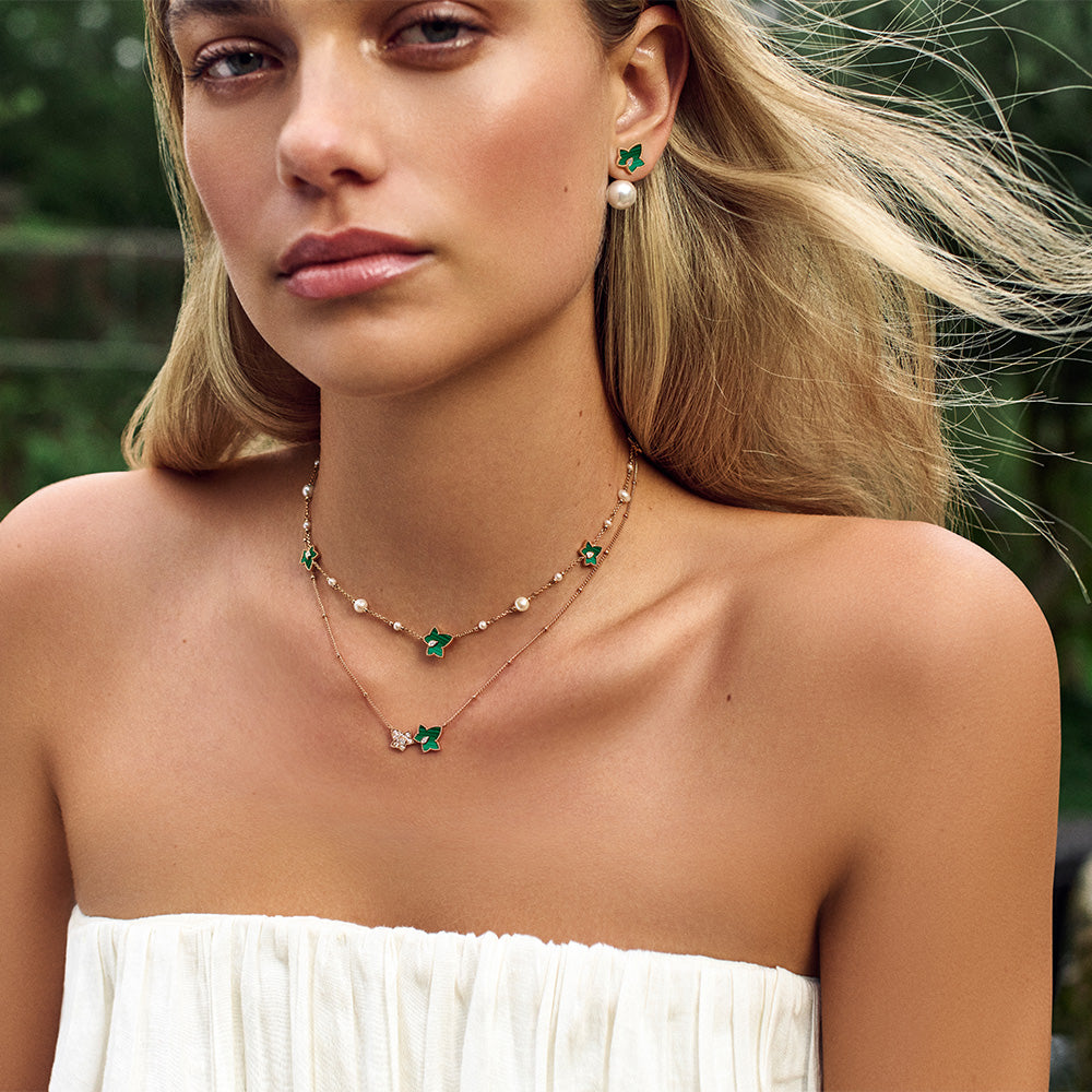 New Ivy Malachite-Freshwater Pearl Bead Necklace, 5-leaf motif