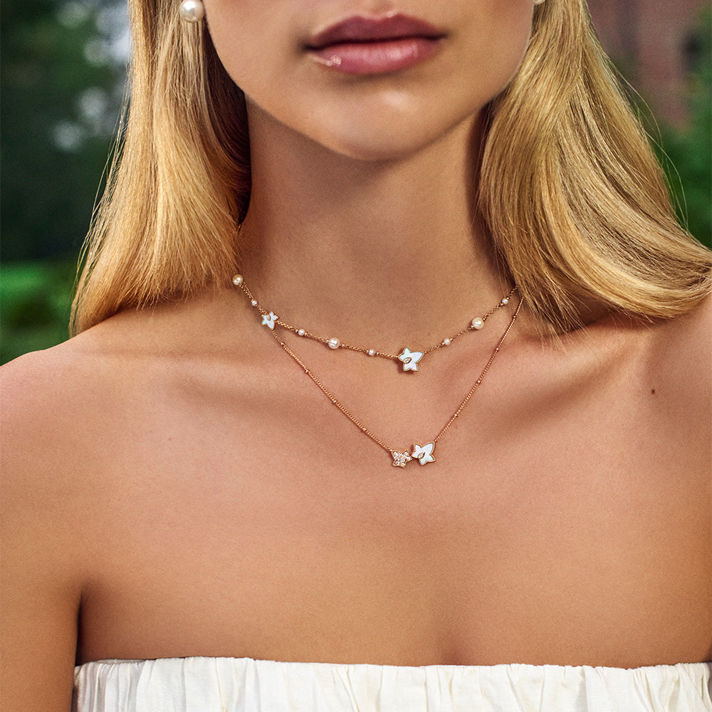 New Ivy Mother-of-Pearl Freshwater Pearl Bead Necklace, 5-leaf motif