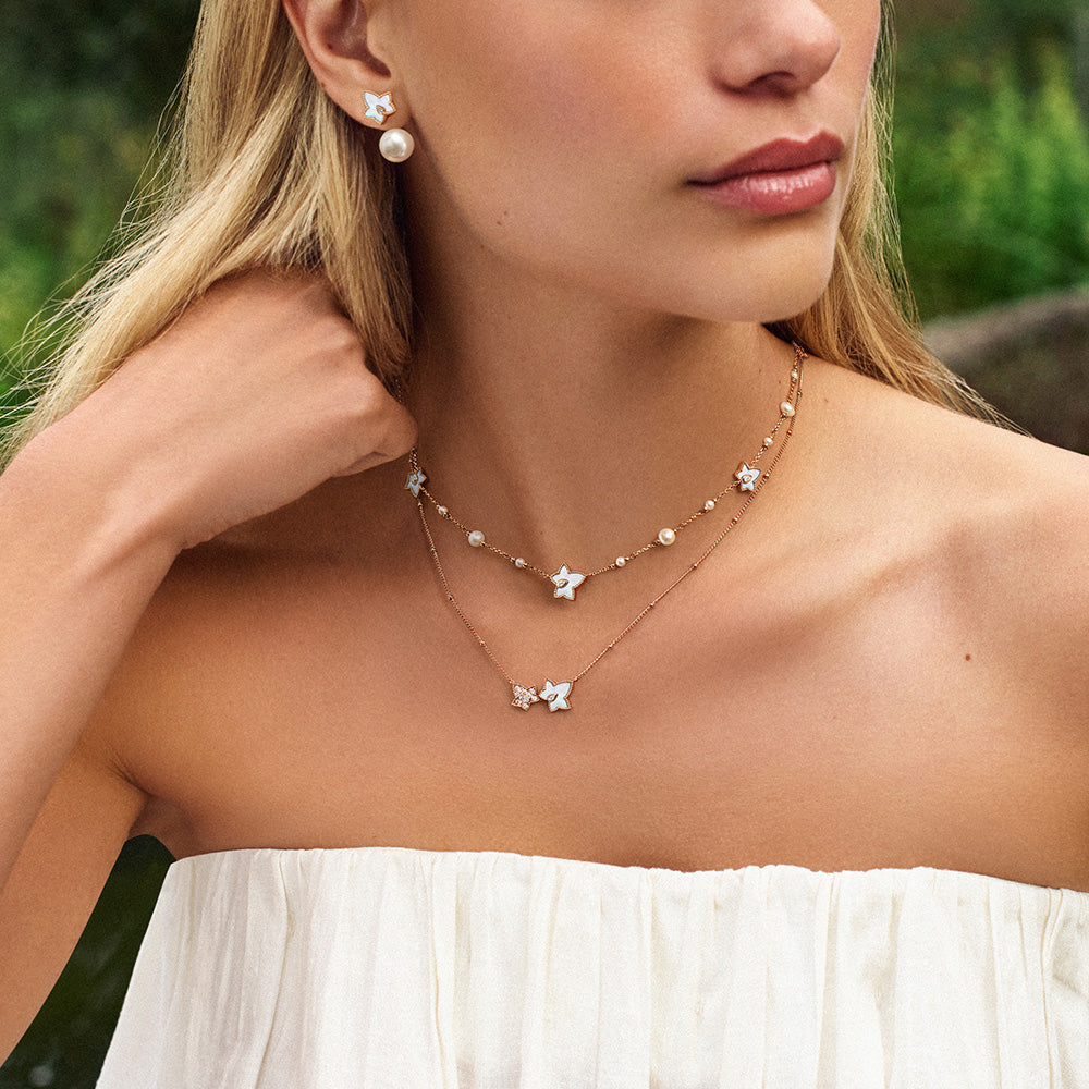 New Ivy Mother-of-Pearl Freshwater Pearl Bead Necklace, 5-leaf motif