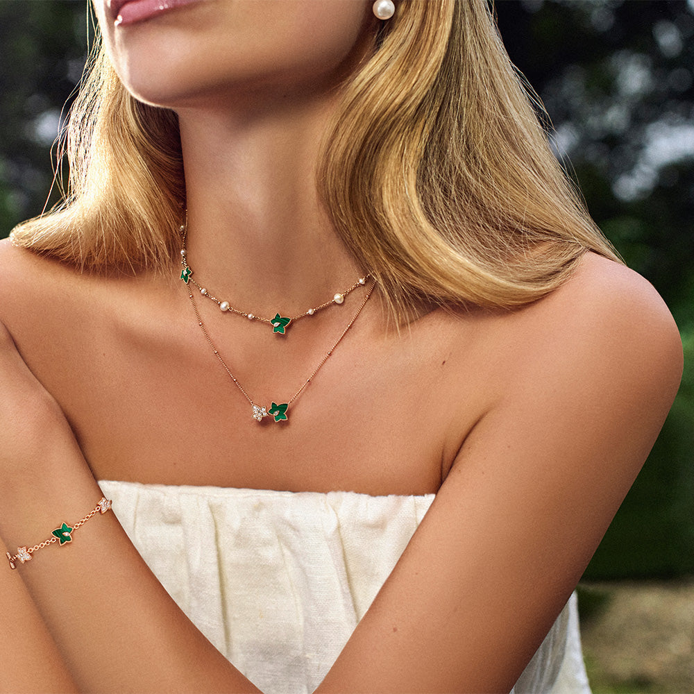 New Ivy Malachite Bead Necklace, 2-leaf motif