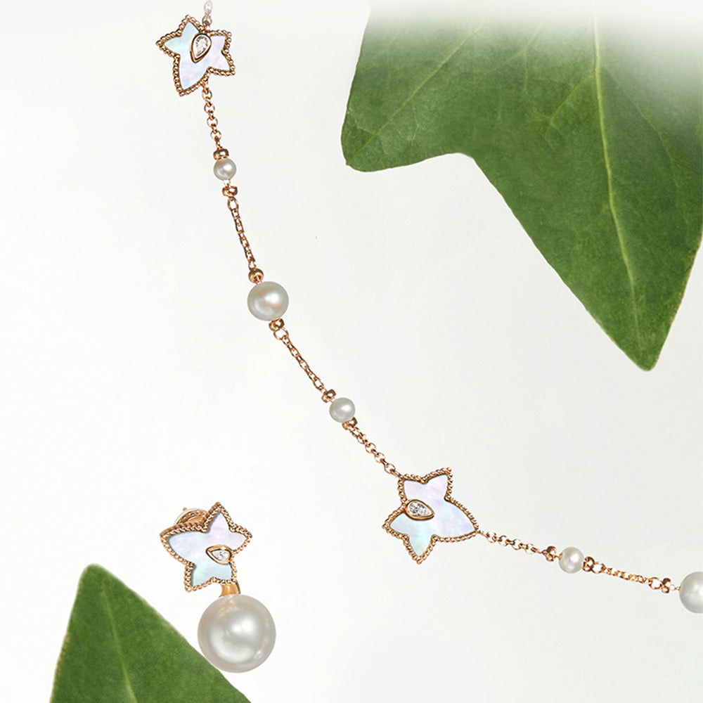New Ivy Mother-of-Pearl Freshwater Pearl Bead Necklace, 5-leaf motif