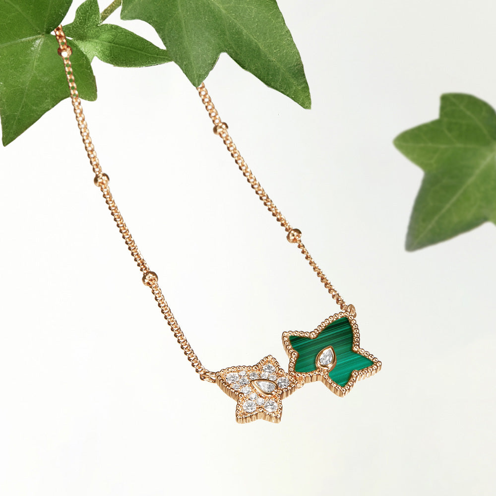 New Ivy Malachite Bead Necklace, 2-leaf motif