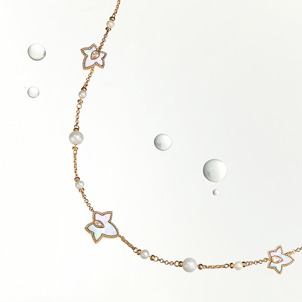 New Ivy Mother-of-Pearl Freshwater Pearl Bead Necklace, 5-leaf motif