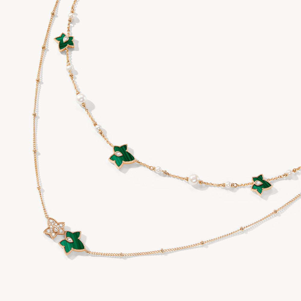 New Ivy Malachite Bead Necklace, 2-leaf motif