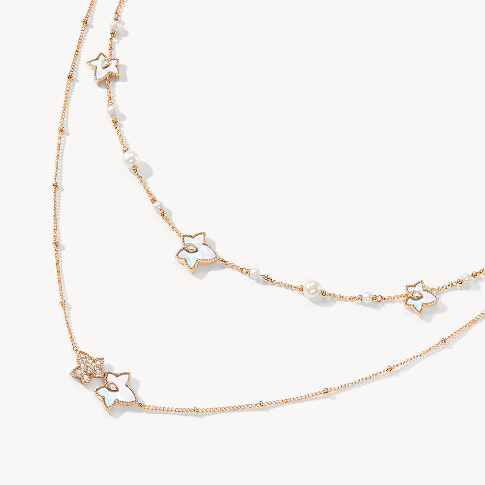 New Ivy Mother-of-Pearl Freshwater Pearl Bead Necklace, 5-leaf motif