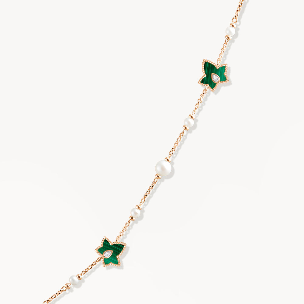 New Ivy Malachite-Freshwater Pearl Bead Necklace, 5-leaf motif