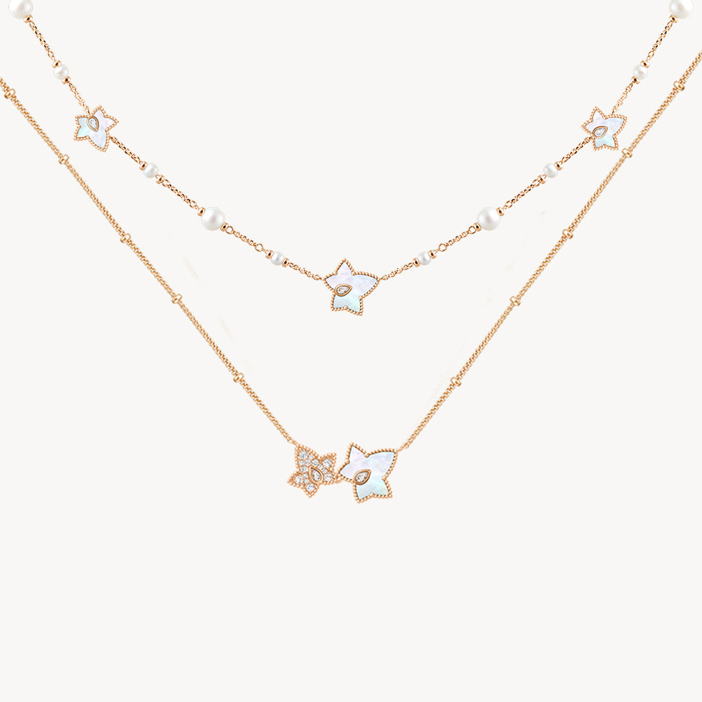 New Ivy Mother-of-Pearl Freshwater Pearl Bead Necklace, 5-leaf motif