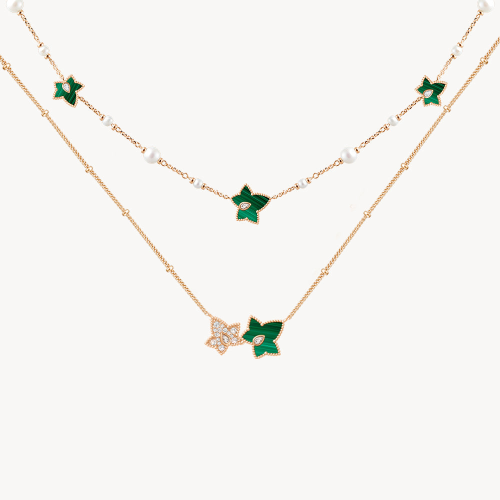 New Ivy Malachite-Freshwater Pearl Bead Necklace, 5-leaf motif