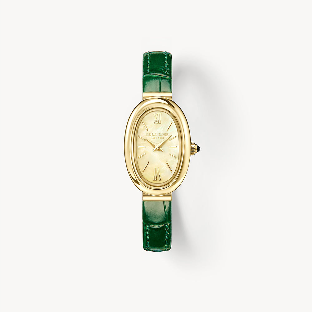 Mirror Mother of Pearl Green Leather Watch
