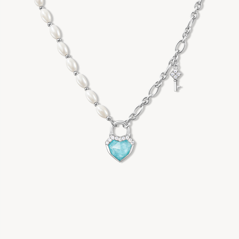 Heart & Lock Amazonite & Clear Quartz Necklace with Freshwater Pearls