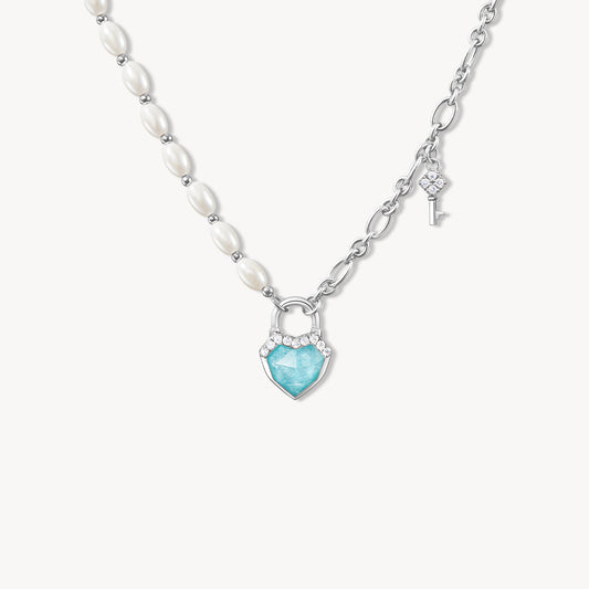 Heart & Lock Amazonite & Clear Quartz Necklace with Freshwater Pearls