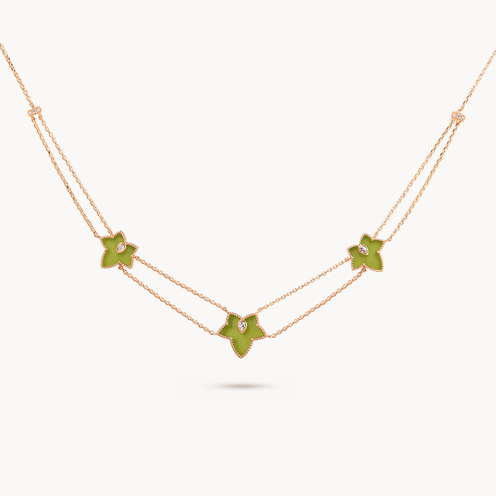 New Ivy Green Onyx Bead Three-Leaf Necklace