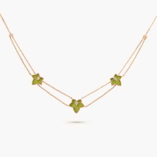 New Ivy Green Onyx Bead Three-Leaf Necklace