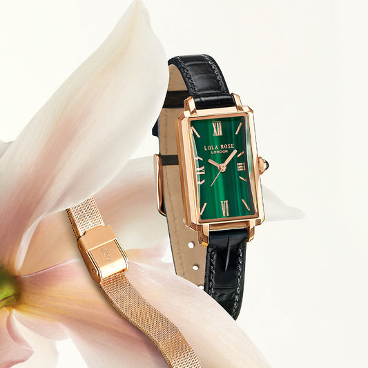 Ms Lola Slender Waist Malachite Textured Watch with Two Strap Set