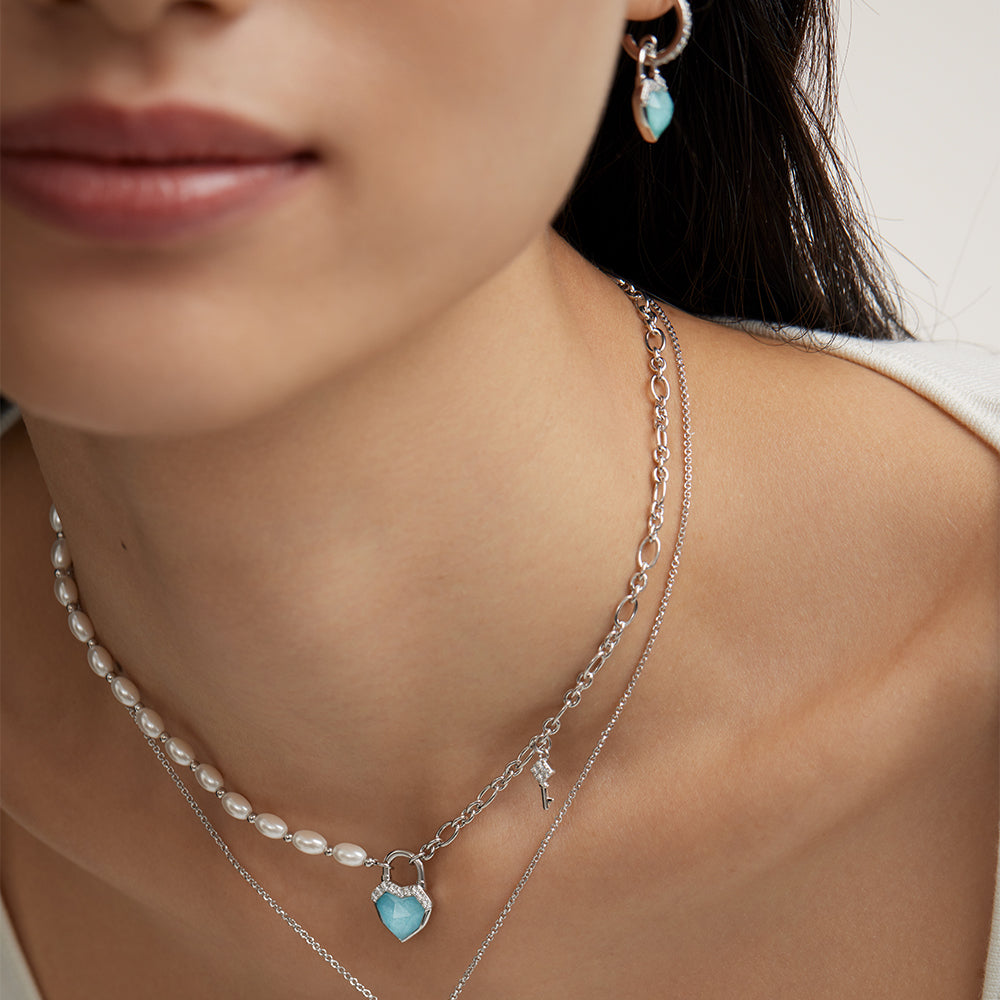 Heart & Lock Amazonite & Clear Quartz Necklace with Freshwater Pearls