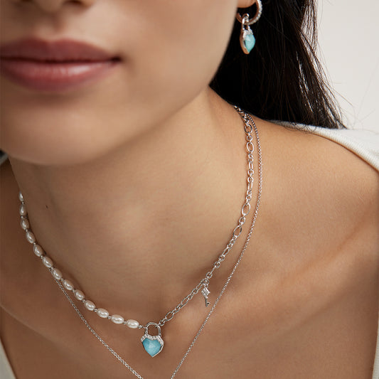 Heart & Lock Amazonite & Clear Quartz Necklace with Freshwater Pearls