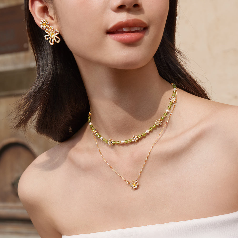 Daisy Yellow Crystal Beaded Necklace