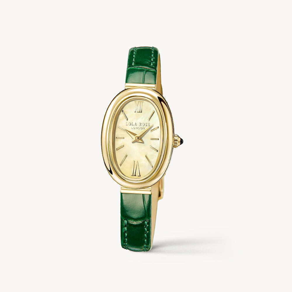 Mirror Mother of Pearl Green Leather Watch