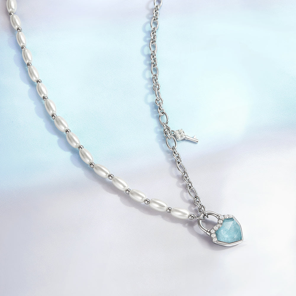 Heart & Lock Amazonite & Clear Quartz Necklace with Freshwater Pearls