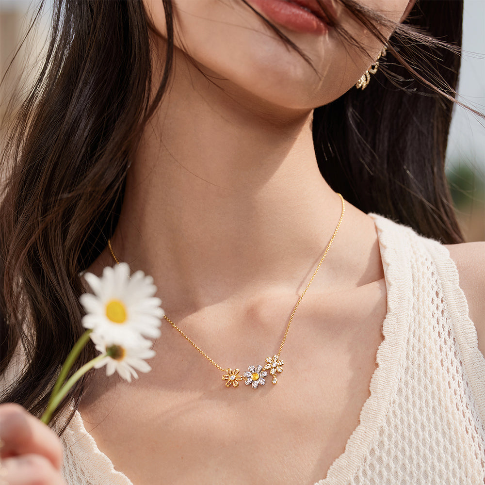 Daisy Yellow Crystal Necklace, 3-flower motif