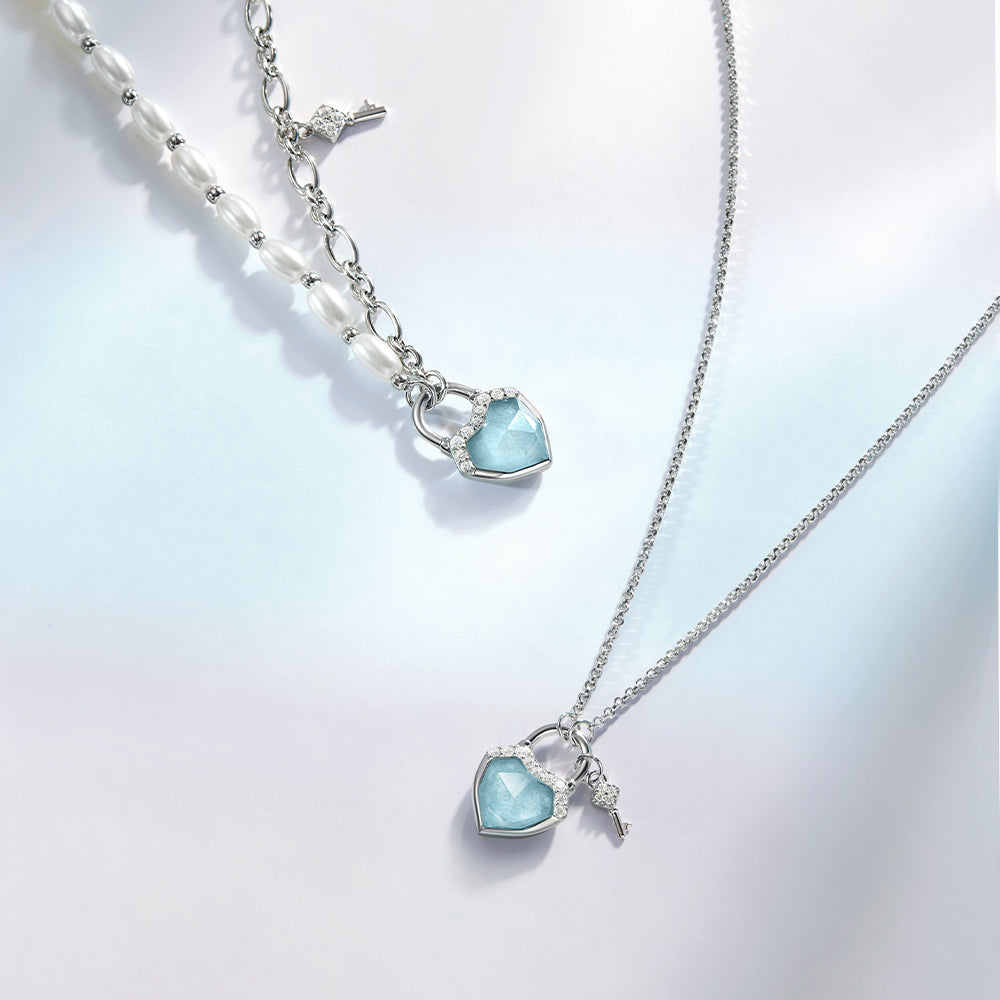 Heart & Lock Amazonite & Clear Quartz Necklace with Freshwater Pearls