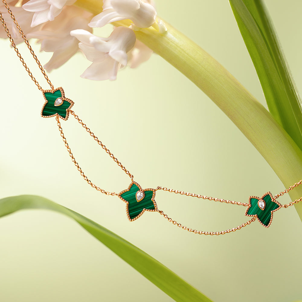 New Ivy Malachite Bead Three-Leaf Necklace
