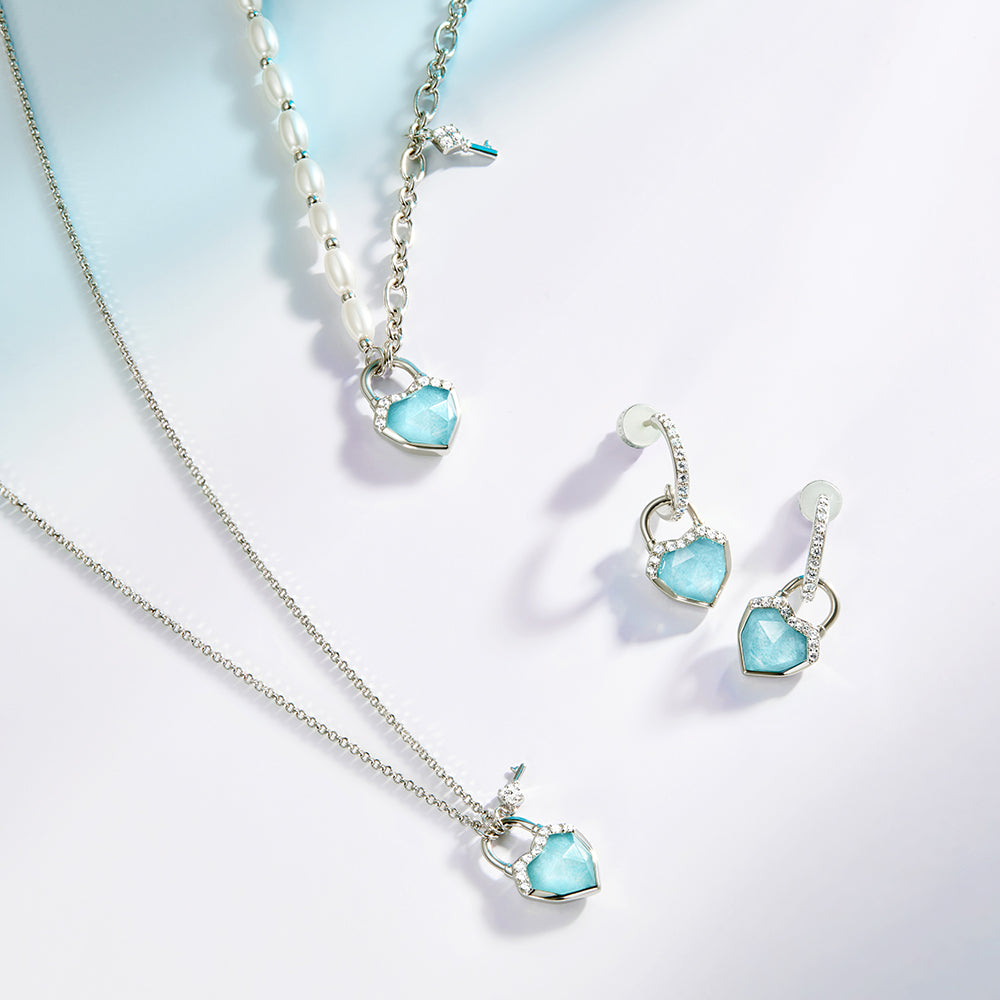 Heart & Lock Amazonite & Clear Quartz Necklace with Freshwater Pearls