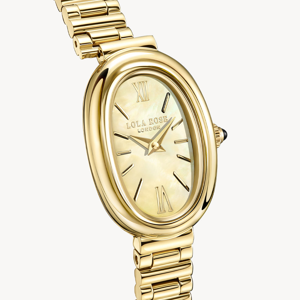 Mirror Mother of Pearl Golden Oval Link Watch