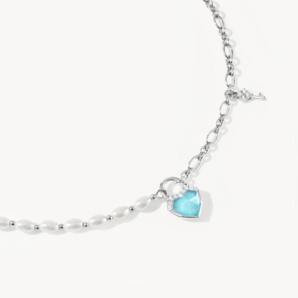 Heart & Lock Amazonite & Clear Quartz Necklace with Freshwater Pearls