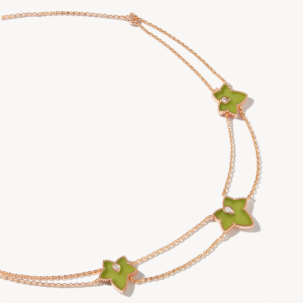 New Ivy Green Onyx Bead Three-Leaf Necklace