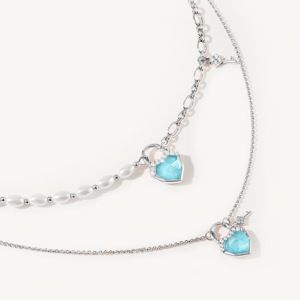 Heart & Lock Amazonite & Clear Quartz Necklace with Freshwater Pearls