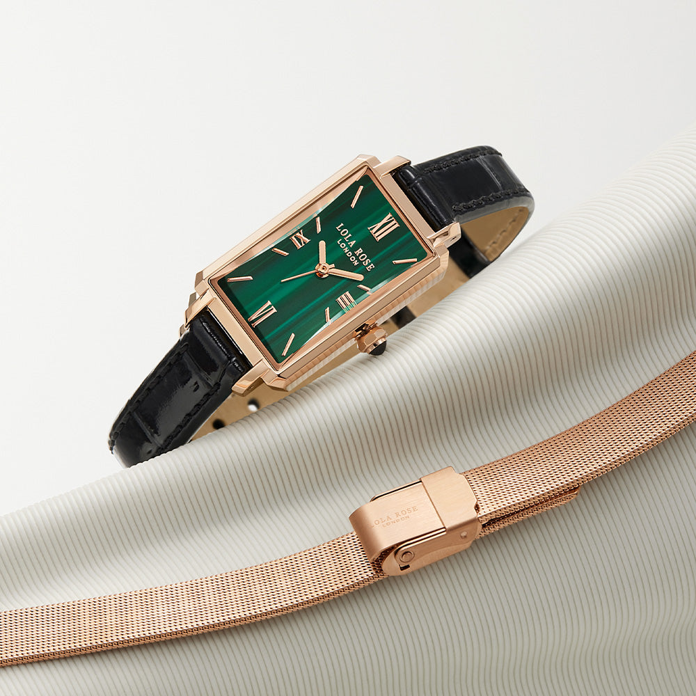 Ms Lola Slender Waist Malachite Textured Watch with Two Strap Set